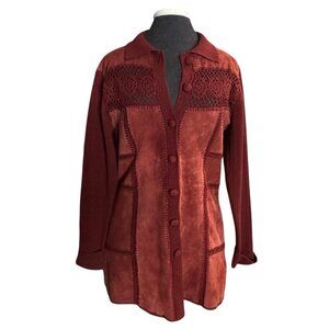 J Jill XS Suede BOHO Rust Burgundy Button Up Patchwork Crochet Sweater RUNS BIG